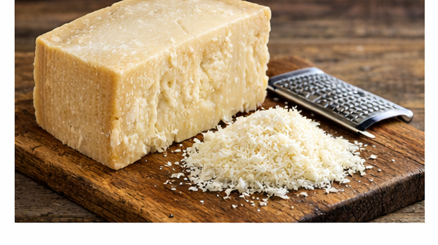 A block of Parmesan cheese with grated Parmesan on a wooden cutting board